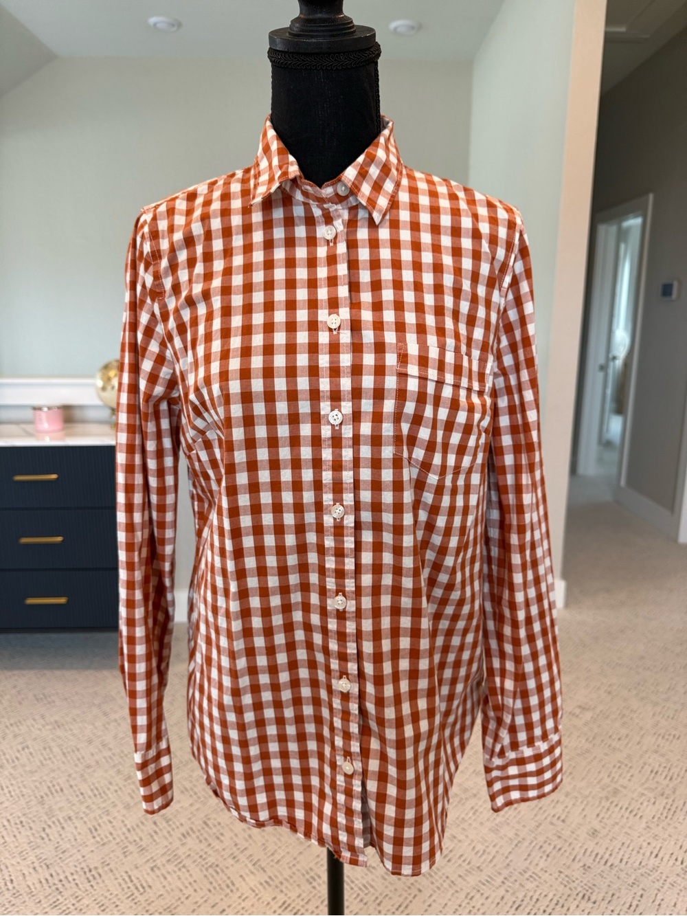 J.Crew Women’s Orange/Rust and White Gingham Button-Up Shirt